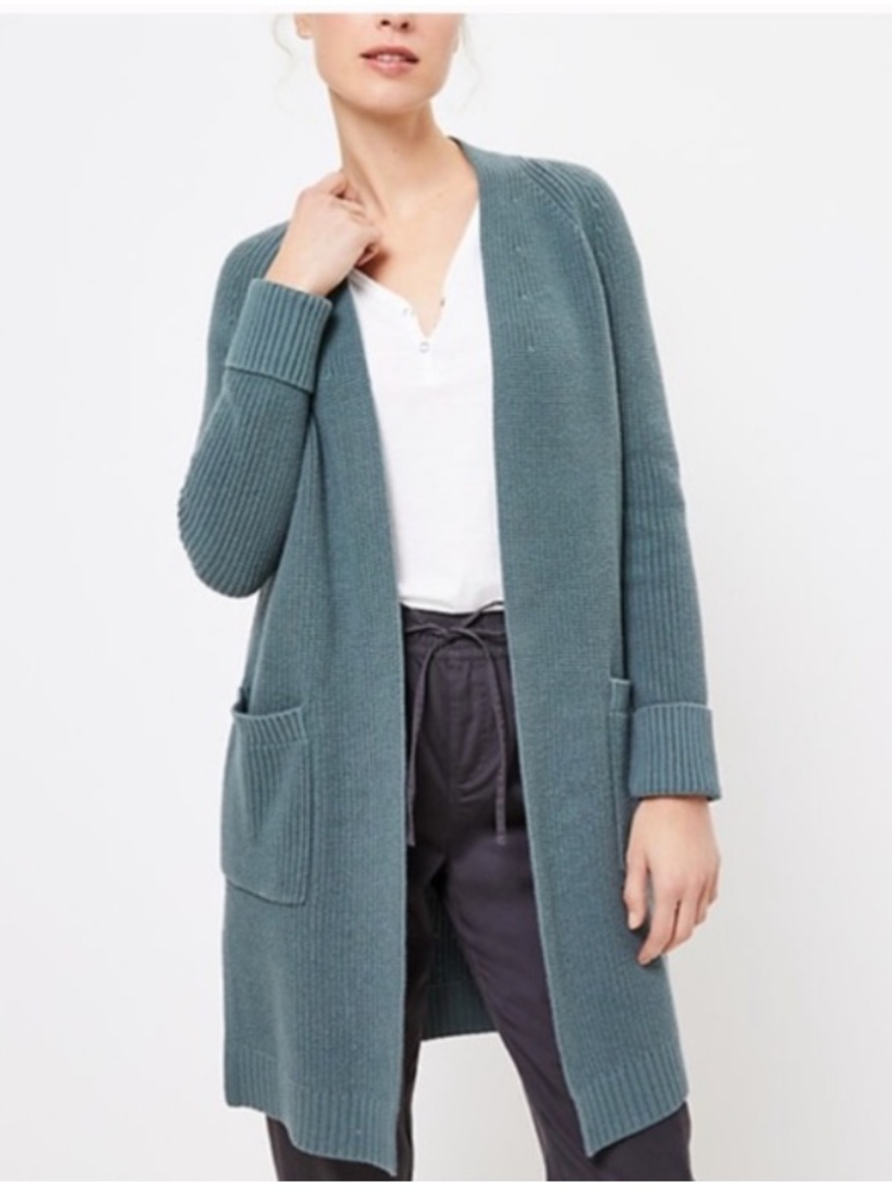 LOFT Lou & Grey Chunky Knit Open Tunic Cardigan Relaxed Sweater Teal Green Large